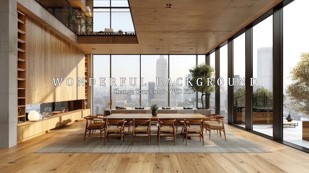 PSD modern dining room with city skyline view