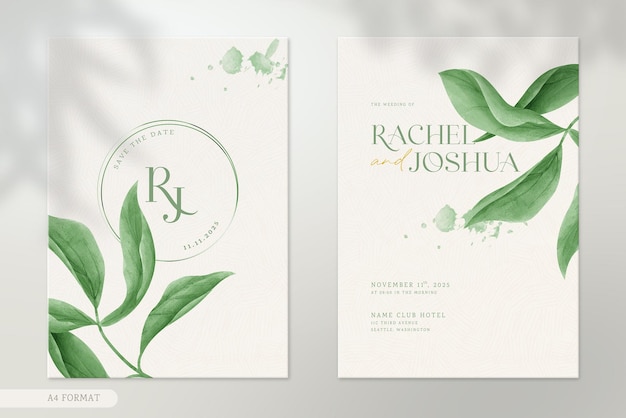 PSD modern double side wedding invitation template with green leaves watercolor ornaments