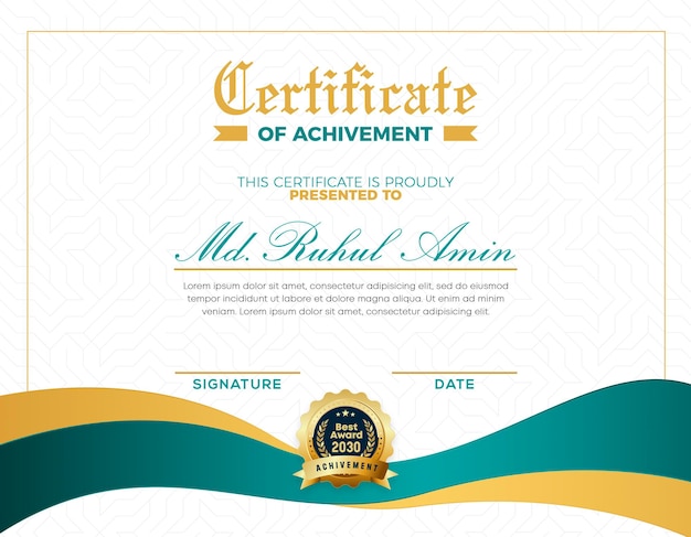 Modern elegant gold gradient certificate of achievement template design with badge