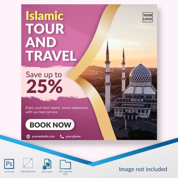 Modern elegant islamic hajj tour and travel social media post template