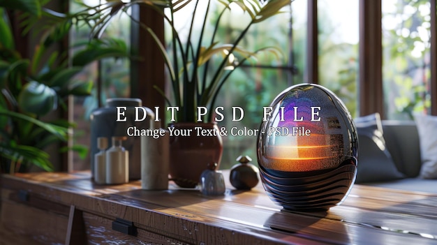 PSD modern glass orb on wooden tabletop