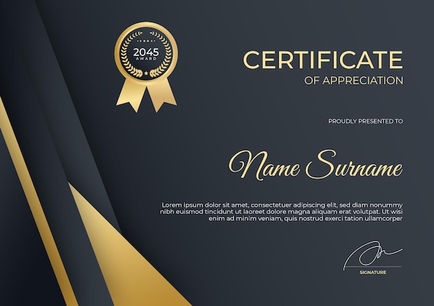 PSD modern gold black certificate of achievement or certificate of appreciation template