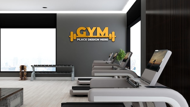 modern gym room with equipment for gym or fitness logo mockup