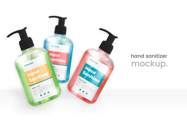 Modern Hand Sanitizer mockup of three flying Alcohol gel pump bottle