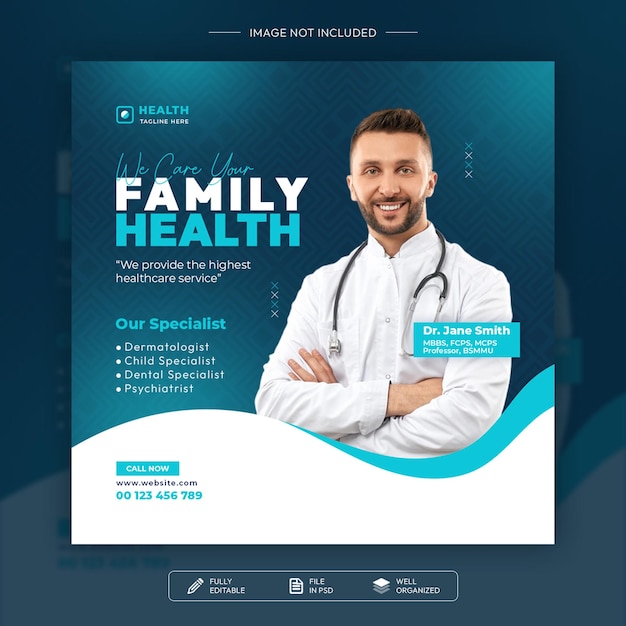 PSD modern health care social media poster design for post template