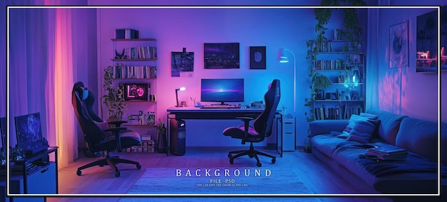 PSD modern home office with colorful lighting two gaming chairs a large desk a couch and a bookshelf