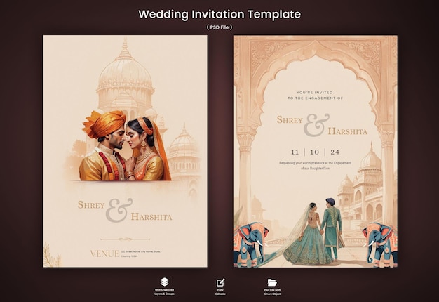 PSD modern indian wedding card template with venue details design