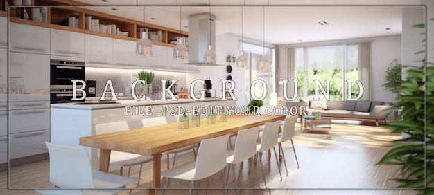 PSD modern kitchen interior with white furniture and dining table and beautiful hanging lamp