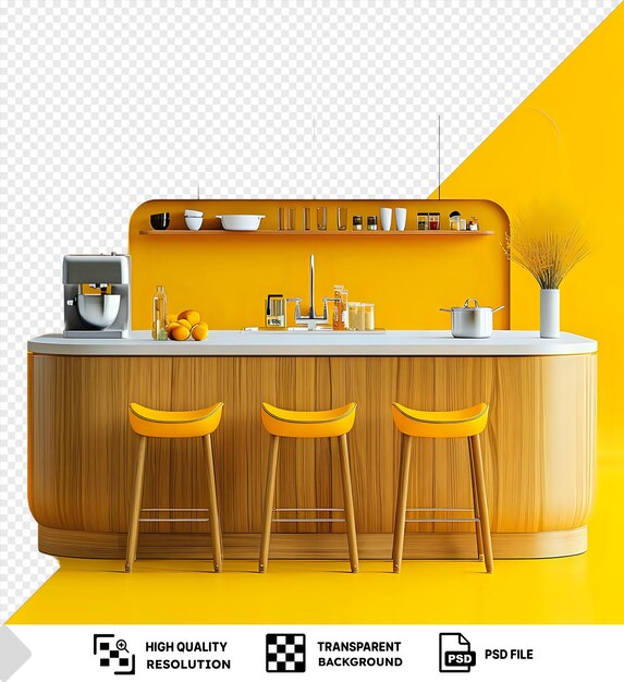 A Modern Kitchen Island with Yellow Stools and a Transparent Background