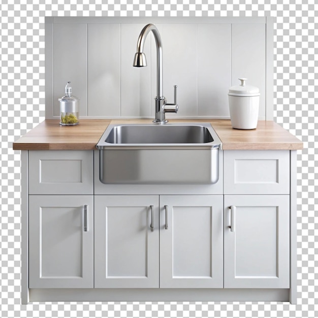 PSD modern kitchen sink and cabinets on transparent background