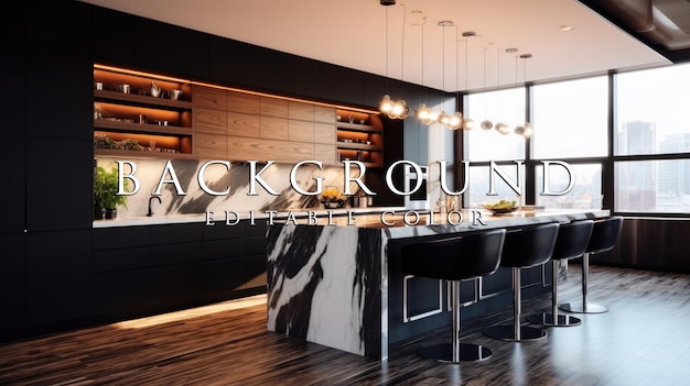 Modern kitchen with black cabinets combined with white marble tables and shiny brown wooden floors