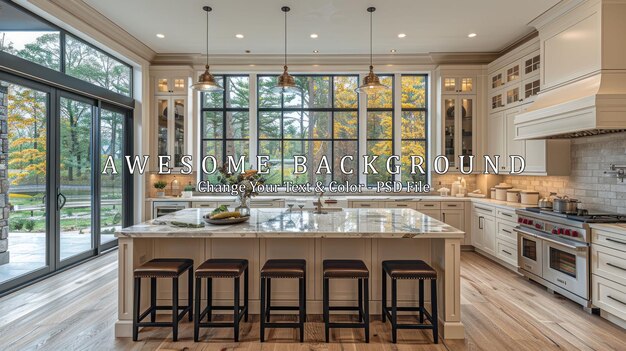 PSD modern kitchen with island and large windows