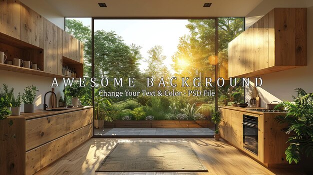 PSD modern kitchen with a view of a lush garden