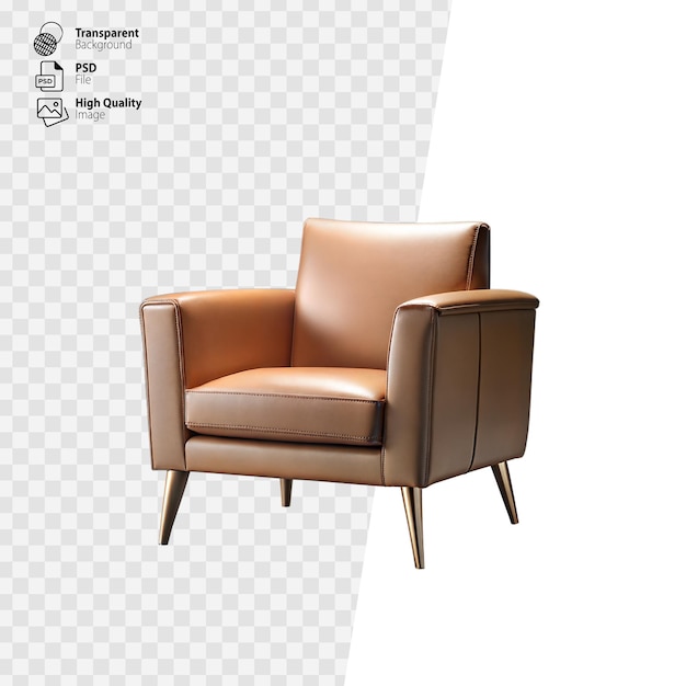 Modern Leather Armchair With Wooden Legs on Transparent Background