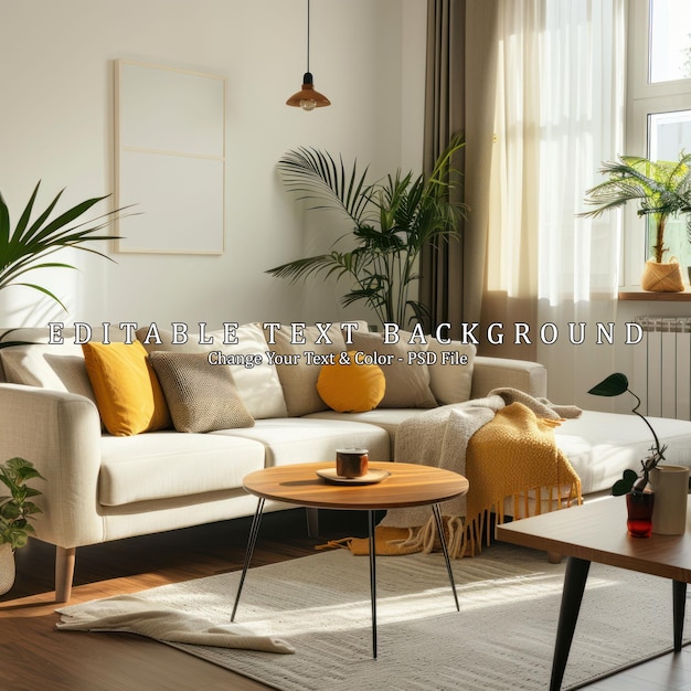 PSD modern living room interior with beige sofa yellow pillows and wooden coffee table