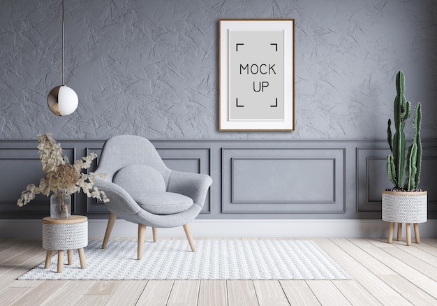 Modern living room and loft interior design .gray sofa on concrete wall and frame mockup. 3d render