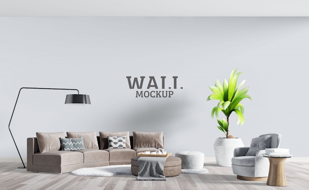 Modern living room with brown sofa. Wall mockup