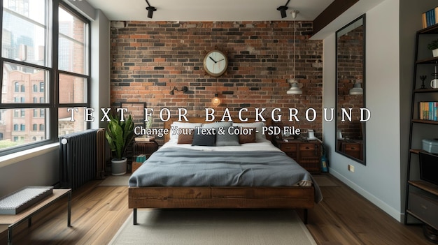 PSD modern loft bedroom with exposed brick wall