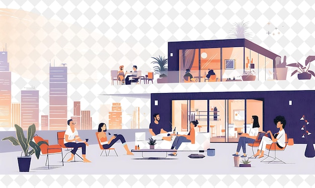 PSD modern loft with characters having a rooftop party design is people life style flat illustration