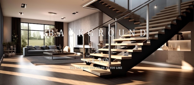 Modern luxury house interior with stairs to 2nd floor This is fully 3D generated image