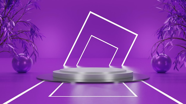 Modern metallic 3D render white podium with purple background