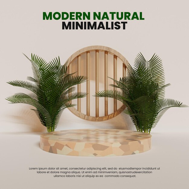 MODERN MINIALIST NATURAL PODIUM WITH WOOD AND PALM LEAVES