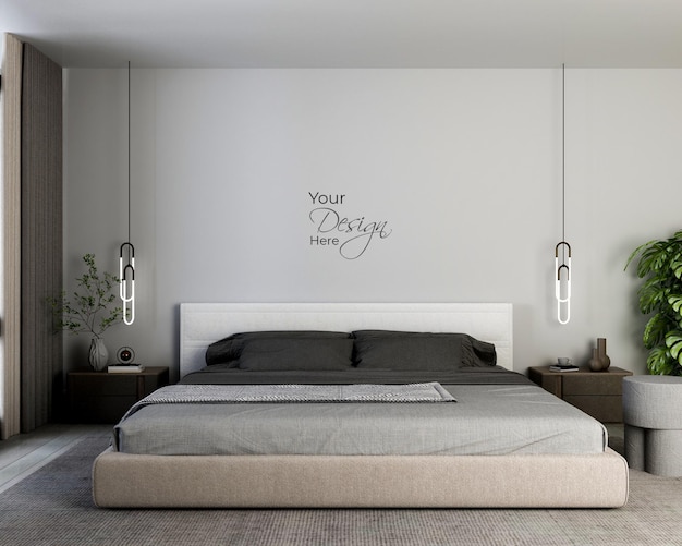 Modern minimalist bedroom in room with mockup wall