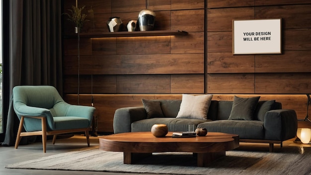 PSD modern minimalist living room interior design with wooden wall mockup