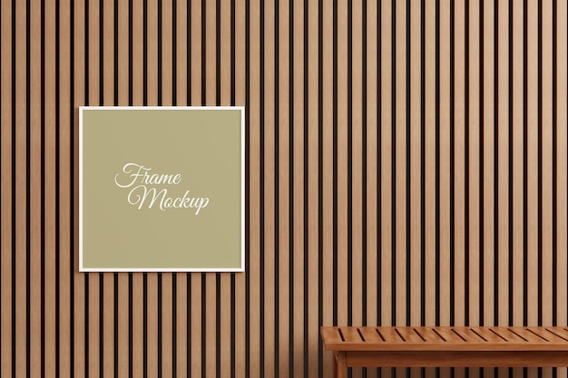 PSD modern and minimalist square white poster or photo frame mockup on the outdoor wooden wall