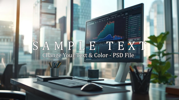 PSD modern office desk with financial charts on a computer monitor