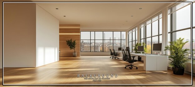 PSD modern office interior with large windows wooden floor and a white desk with chairs