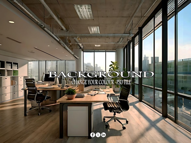 PSD modern office with large windows lots of natural light sleek furniture and an open layout