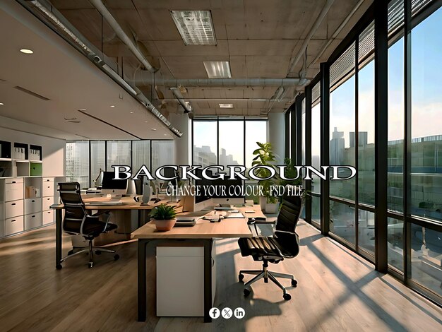 PSD modern office with large windows lots of natural light sleek furniture and an open layout