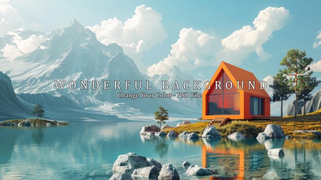 PSD modern orange cabin by a mountain lake