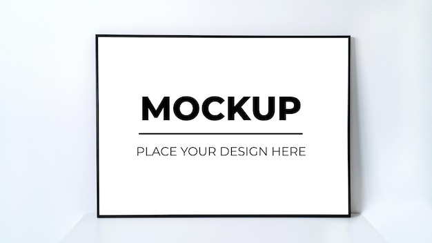 Modern panel on table of office room Minimalist black frame mockup for design