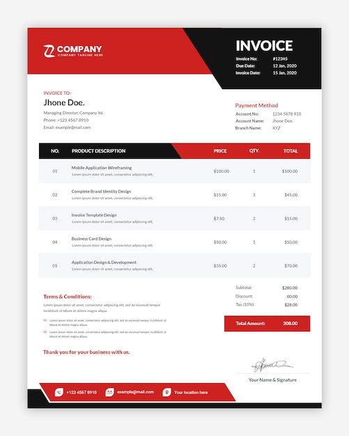 Modern professional creative red business invoice template