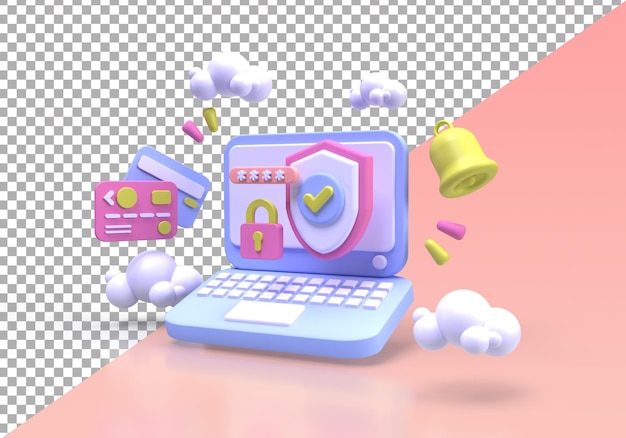 Modern shield guard with laptop illustration background 3D render icon for business