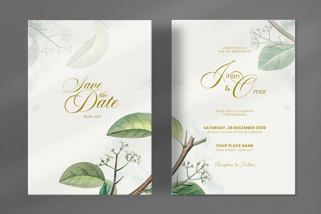 Modern and Simple Wedding Invitation with Vintage Leaves Ornament