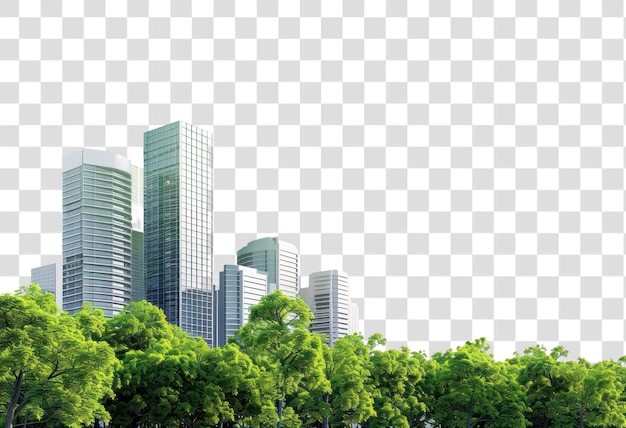 Modern skyscrapers behind lush trees