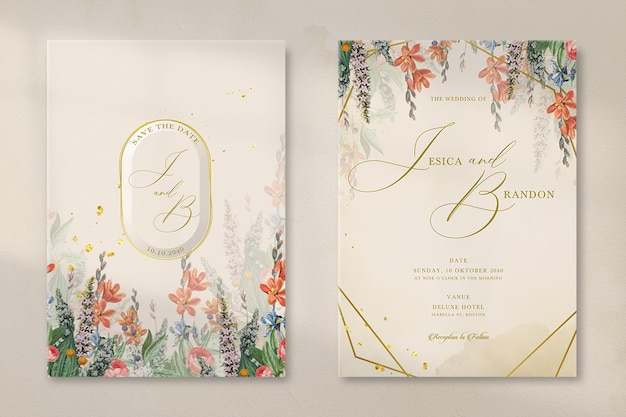 Modern Vintage Wedding Invitation with Garden Flower Bouquet