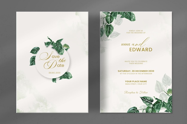 Modern Wedding Invitation Template with Green Leaves Watercolour