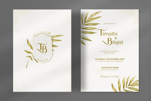 Modern Wedding Invitation Template with Green Leaves Watercolour