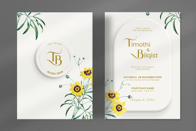 Modern wedding invitation template with vintage flower