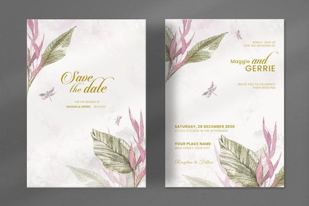 Modern wedding invitation template with watercolour leaves