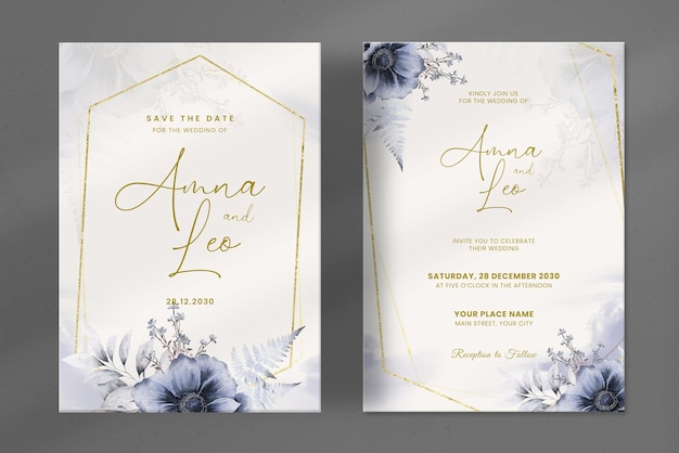 Modern wedding invitation with flower bouquet watercolour