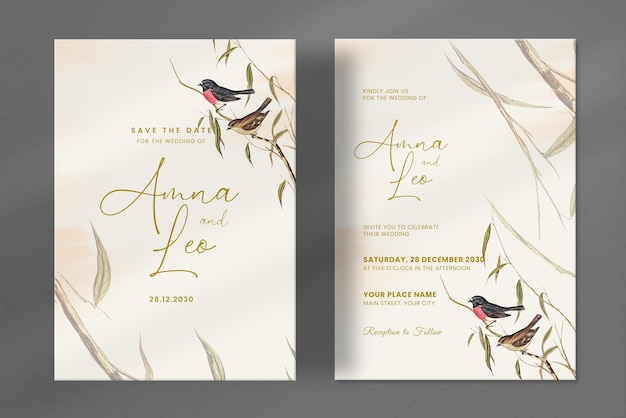 PSD modern wedding invitation with leaves and bird