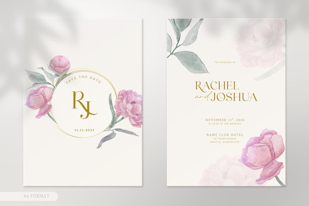 Modern wedding invitation with pink flower watercolor