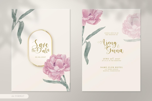 Modern Wedding Invitation with Pink Watercolour Flower Ornament