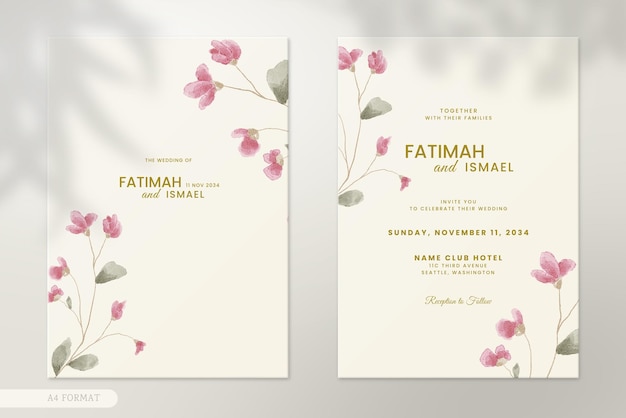 Modern wedding invitation with Pink Watercolour Flower