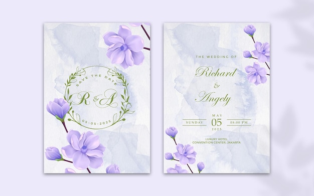 Modern wedding invitation with purple leaves and flowers watercolor ornaments